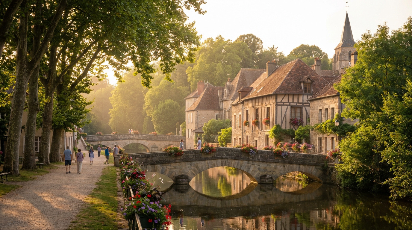Golden hour in Charolles, France. A canal reflects stone houses with flower boxes and arched bridges. People stroll along the path.