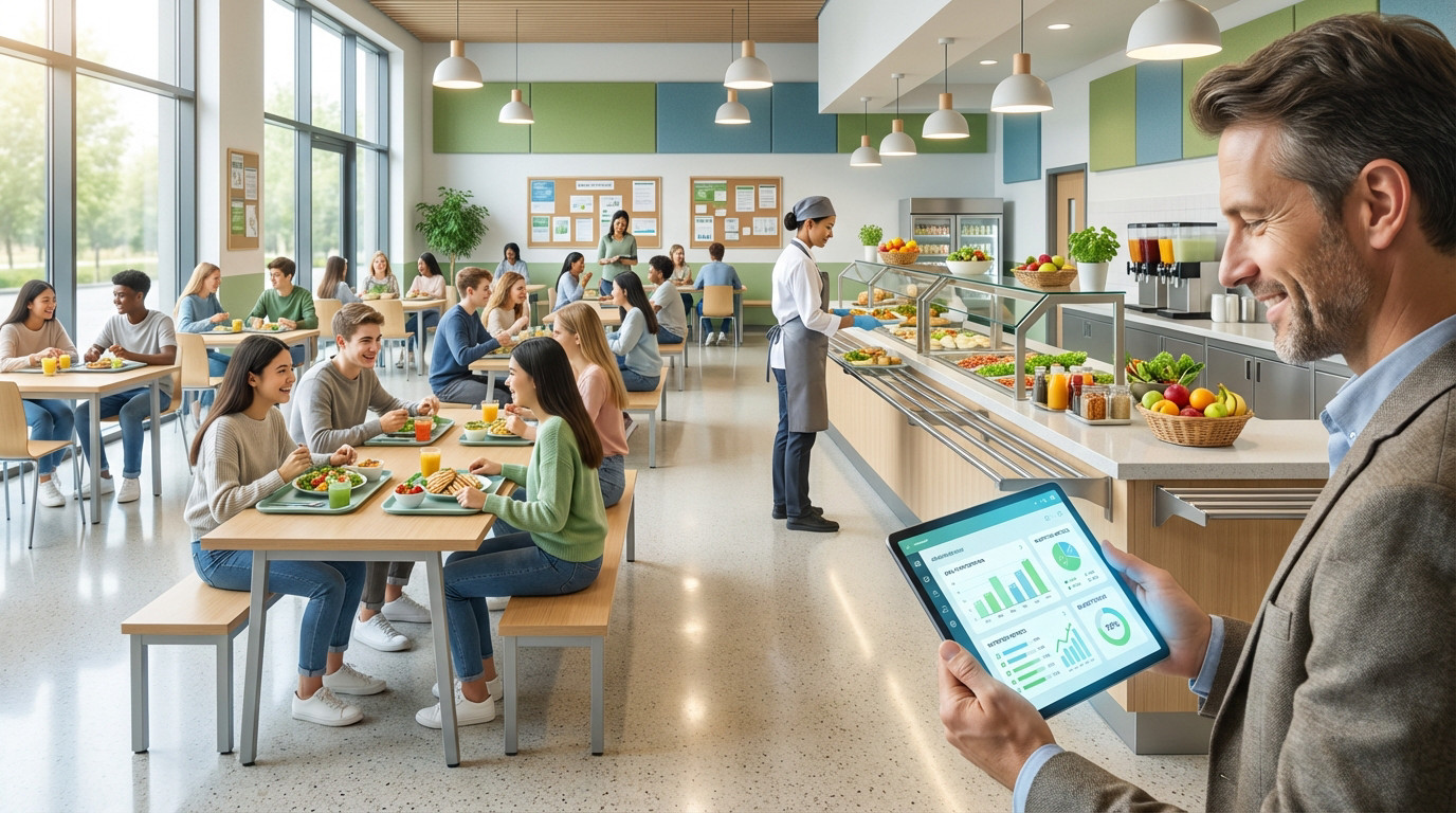 Man smiling at tablet with data in a modern, bright school cafeteria. Students eat healthy meals, staff serves food. Calm, efficient atmosphere.
