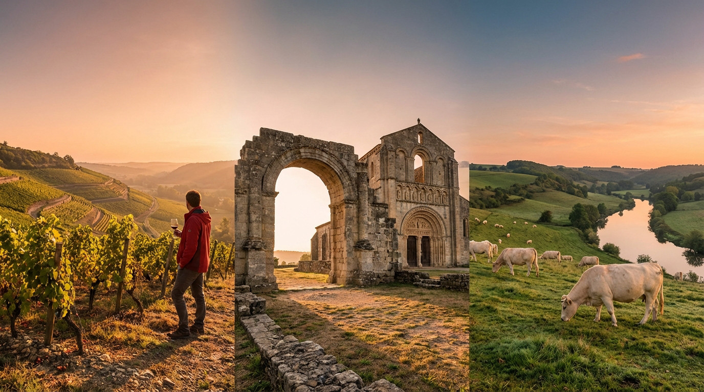 Panoramic view of Saône-et-Loire at golden hour: a man tastes wine in a vineyard, an ancient abbey, and Charolais cows graze by a river.