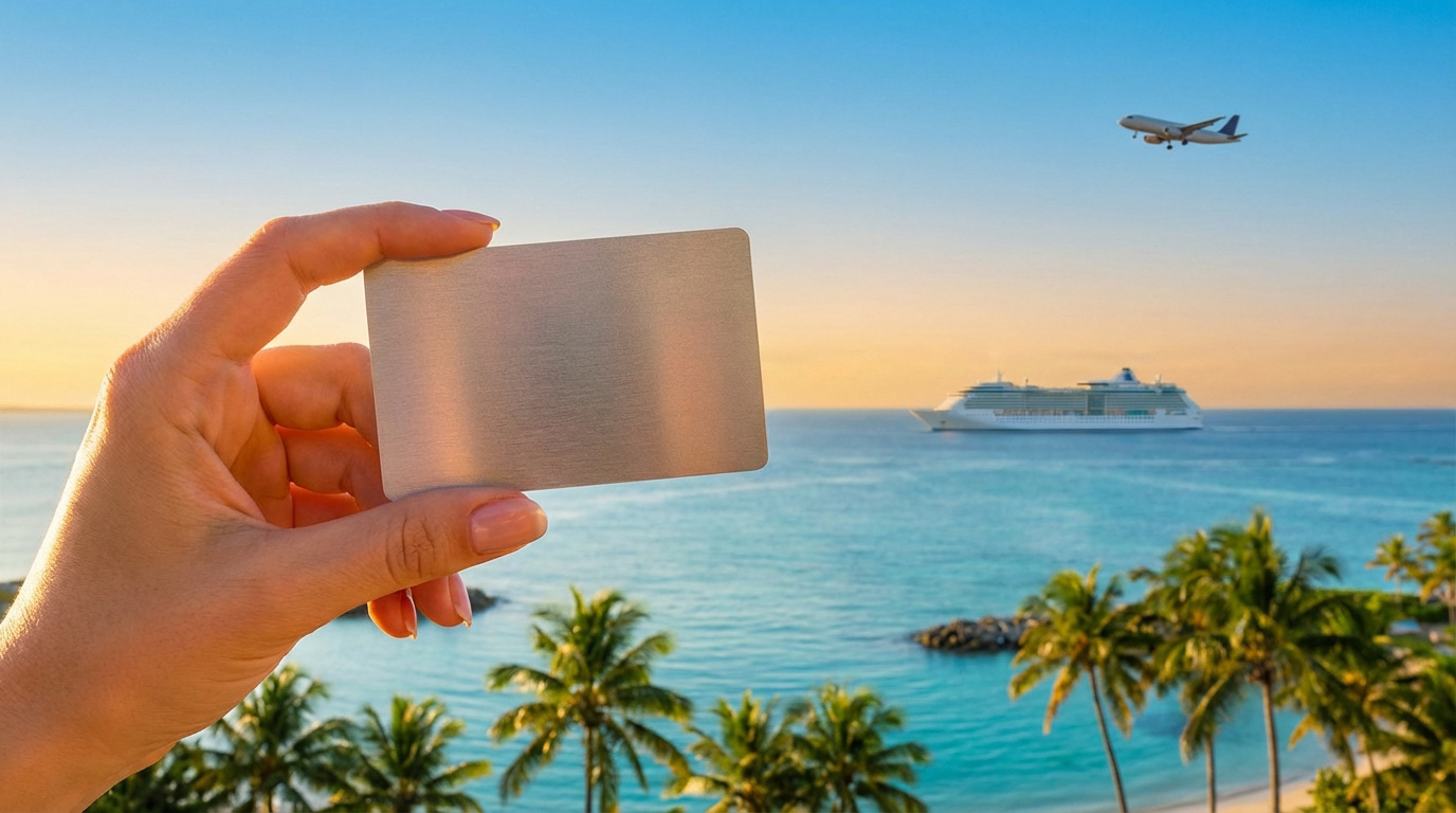 Main tenant une carte cadeau vierge devant un paysage tropical avec mer turquoise, palmier, bateau de croisière et avion au coucher du soleil.
