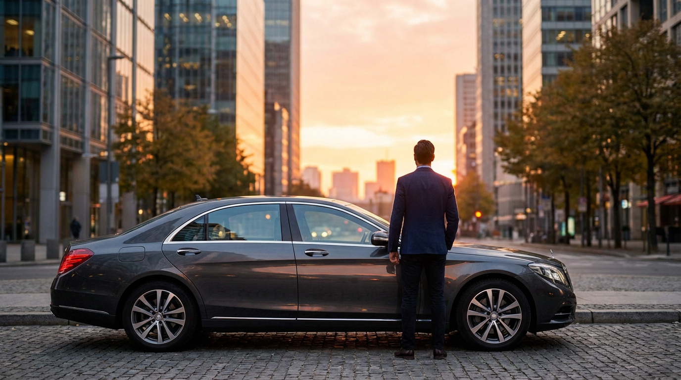 Un homme élégant en costume se tient à côté de sa voiture VTC de luxe grise. Il contemple une ville moderne au coucher du soleil.