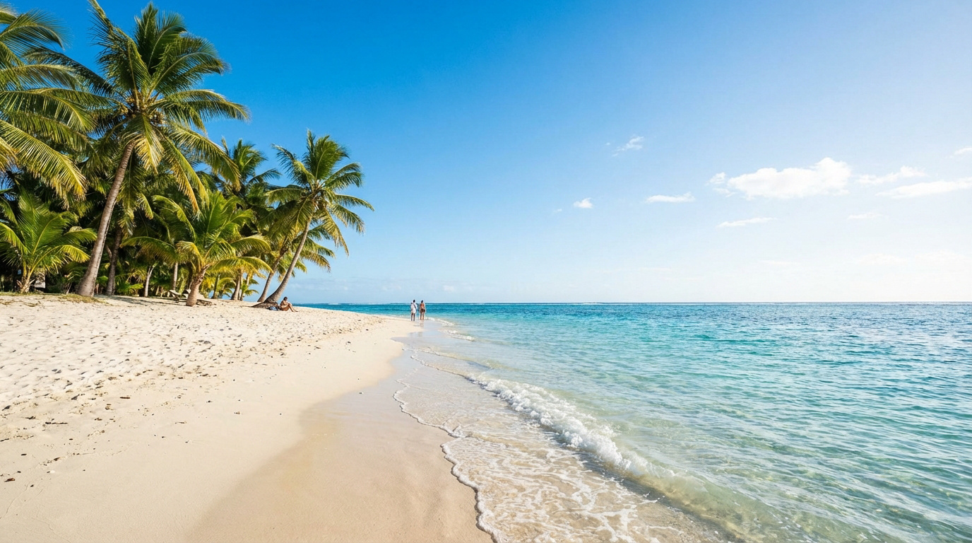 Plage de l'île Maurice : sable blanc, mer turquoise, palmiers. Des personnes se promènent et se détendent au soleil.