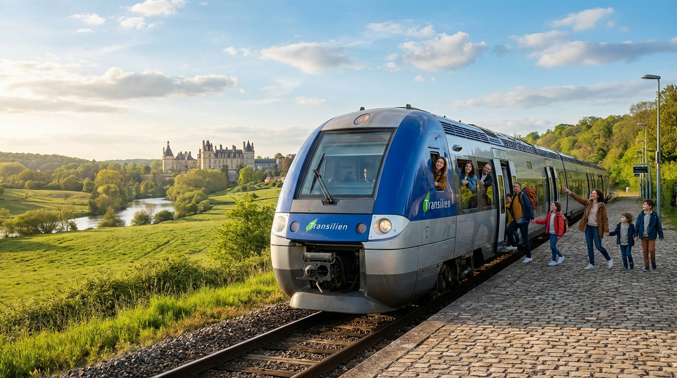 Train Transilien bleu et argenté à l'arrêt, passagers souriants descendent sur un quai. En arrière-plan, un château majestueux, une rivière et des champs verdoyants.