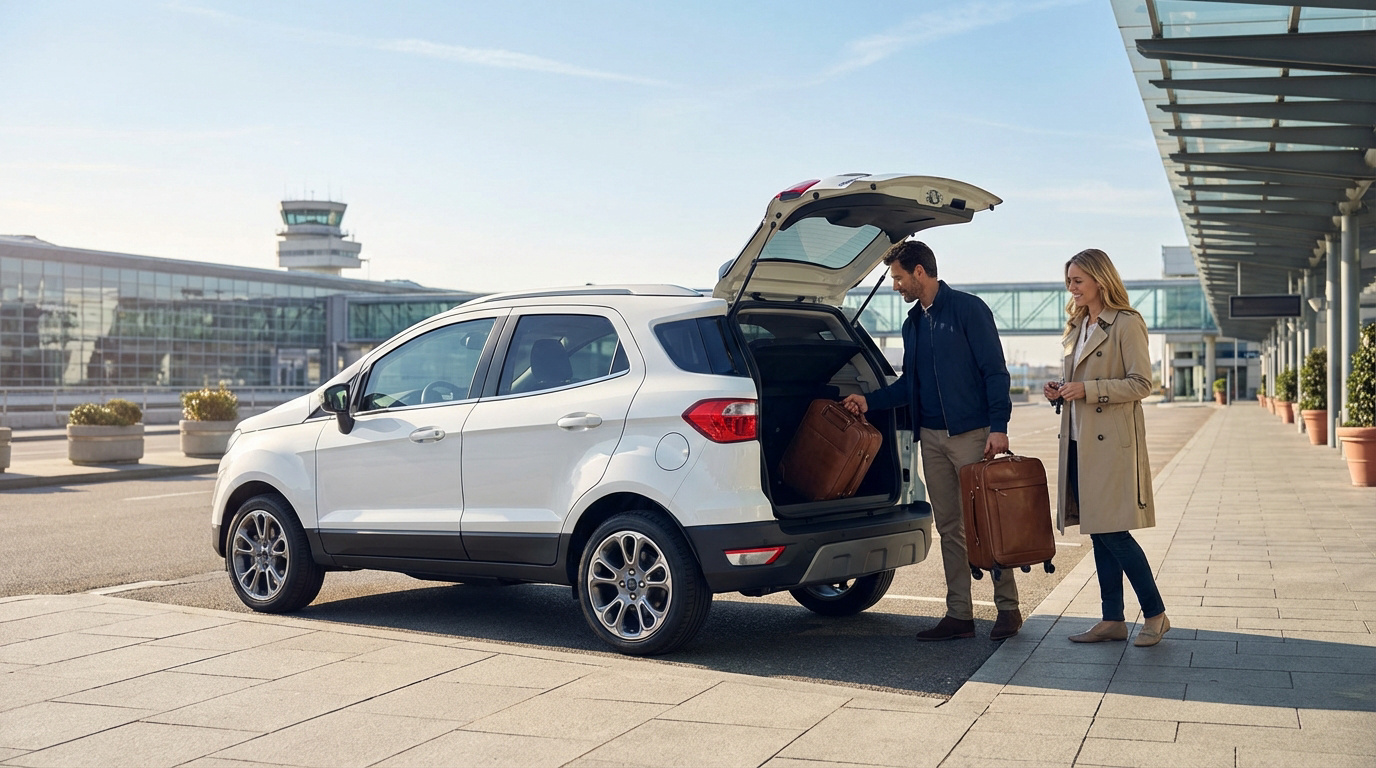 Un couple souriant charge des valises dans un SUV blanc à l'aéroport, avec un terminal et une tour de contrôle en arrière-plan.
