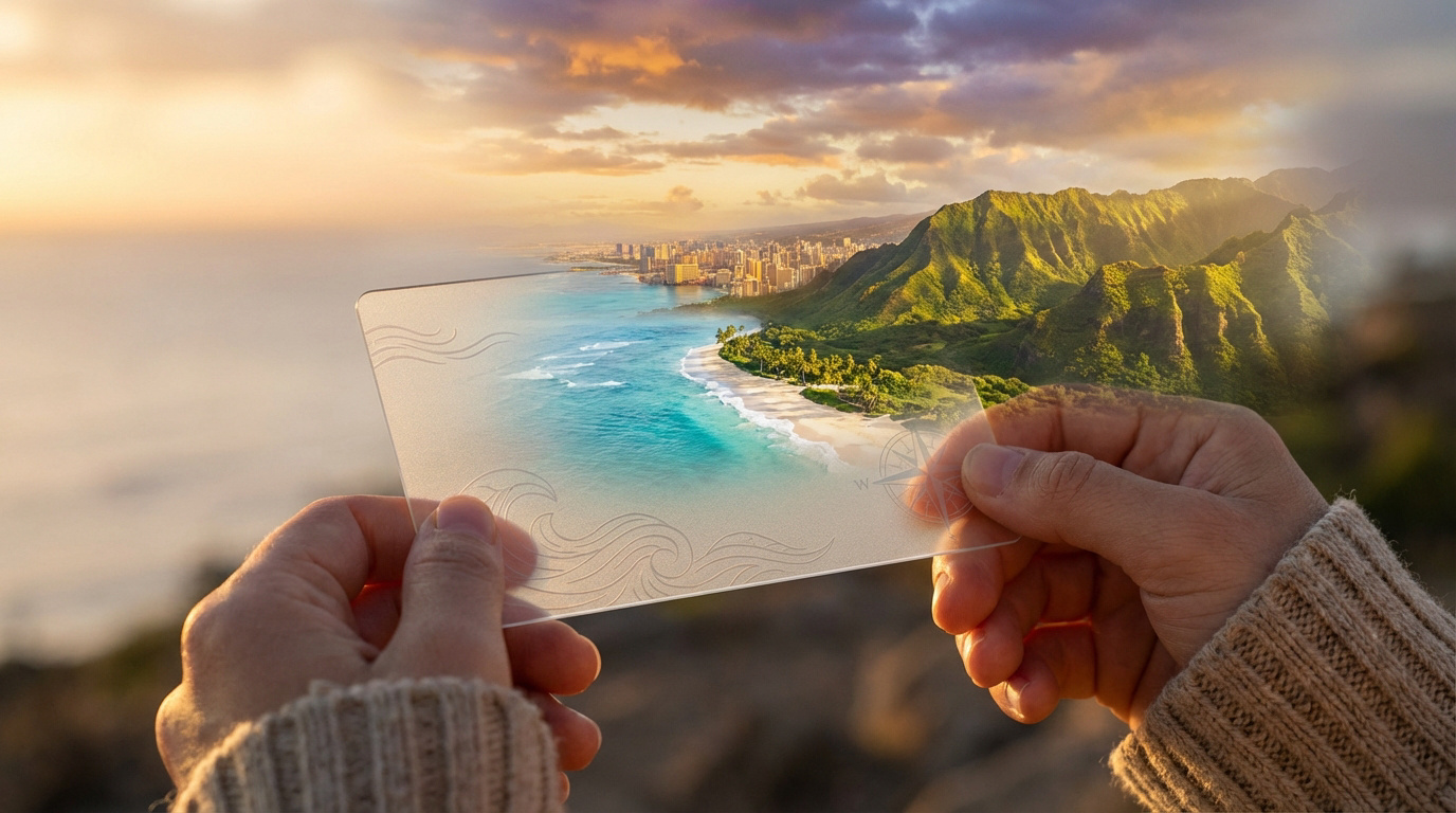 Mains tenant une carte transparente superposant une vision de plage tropicale, ville et montagnes verdoyantes au coucher du soleil.