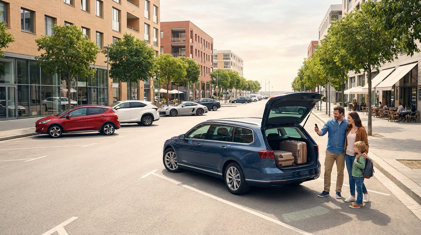 Famille souriante préparant un voyage avec une voiture Turo. L'homme consulte son smartphone près du coffre ouvert avec bagages.