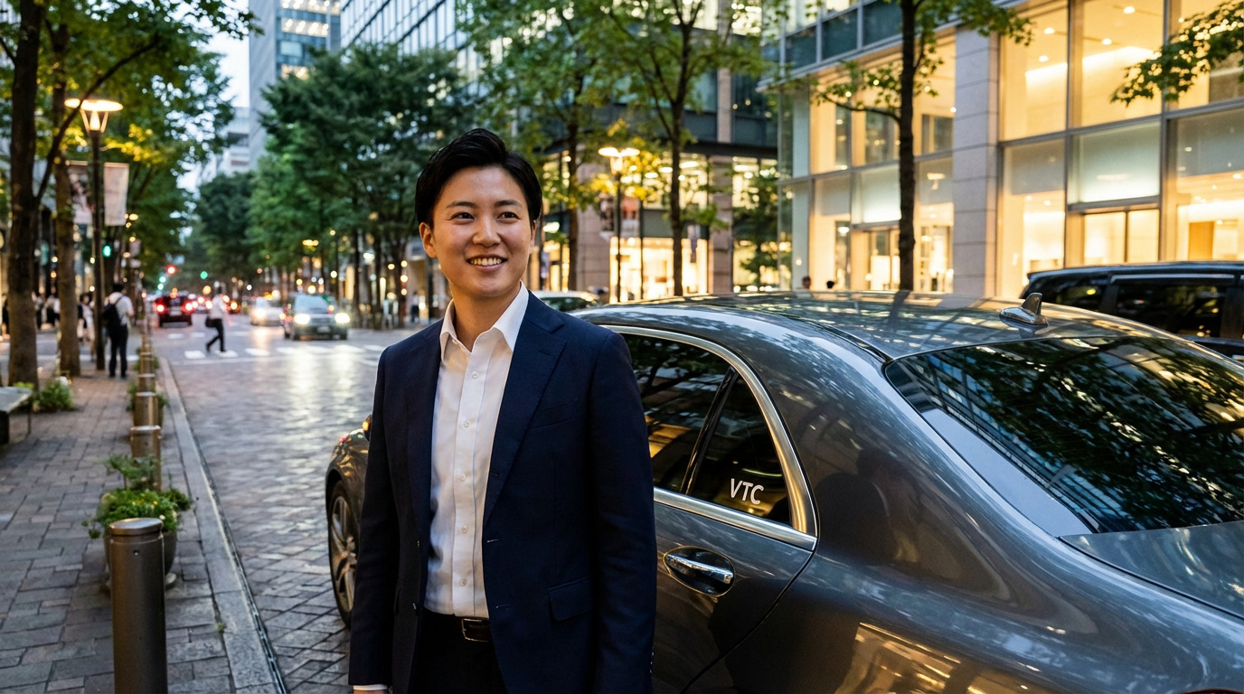 Un homme souriant en costume, debout à côté d'une berline grise avec l'autocollant VTC, dans une rue urbaine.