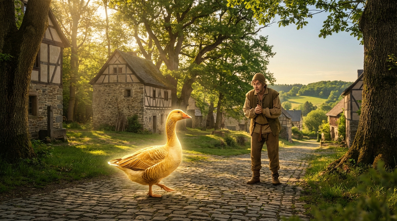 Homme en habit médiéval regardant une oie dorée lumineuse sur un chemin pavé, dans un village rural au lever du soleil.