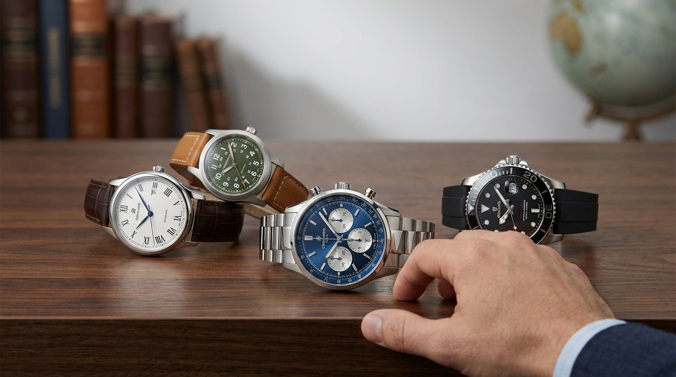 Quatre montres homme (classique, militaire, chronographe, plongeuse) sur une table en bois. Une main en avant-plan.