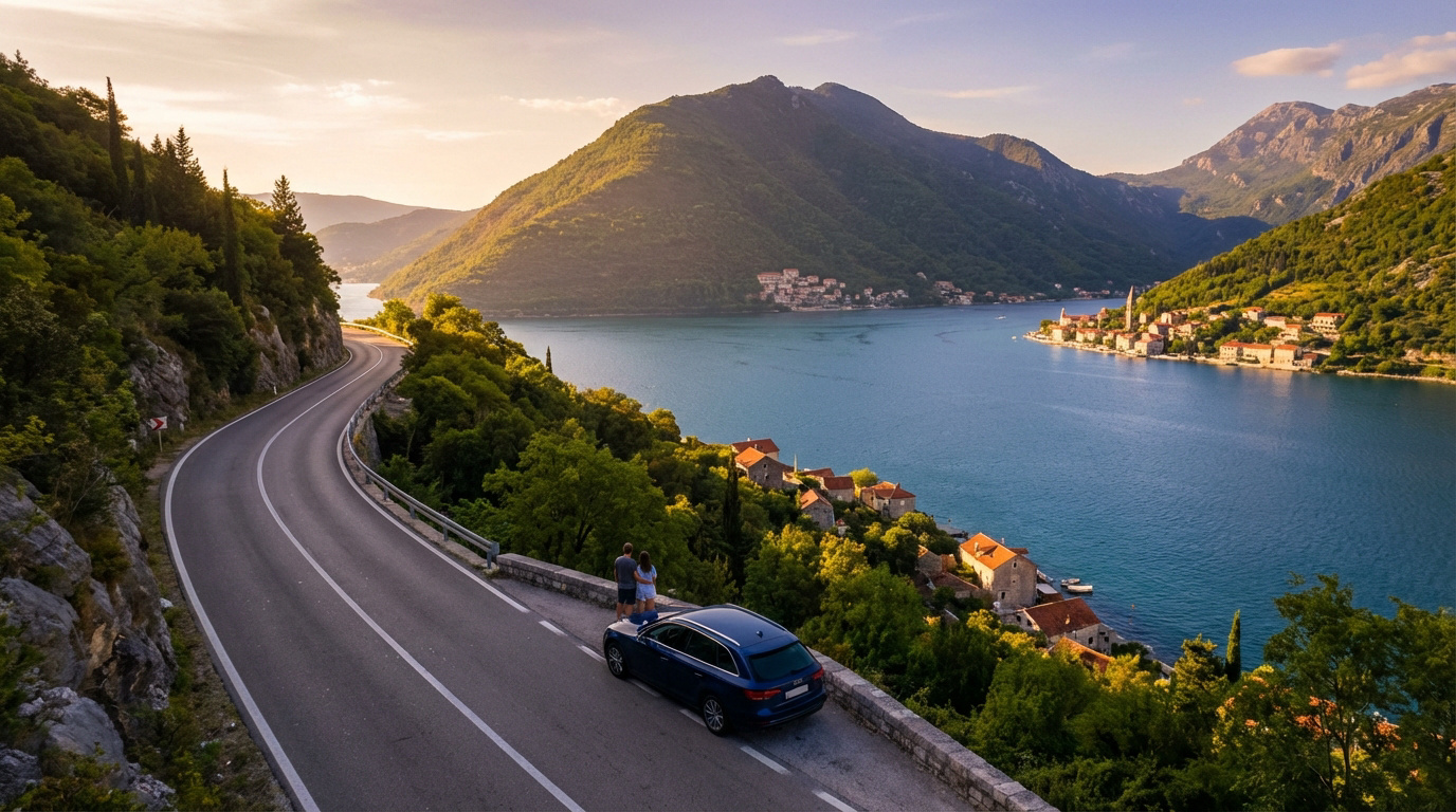 Couple sur route sinueuse au Monténégro admirant une baie, des villages côtiers et des montagnes verdoyantes sous un ciel doré.